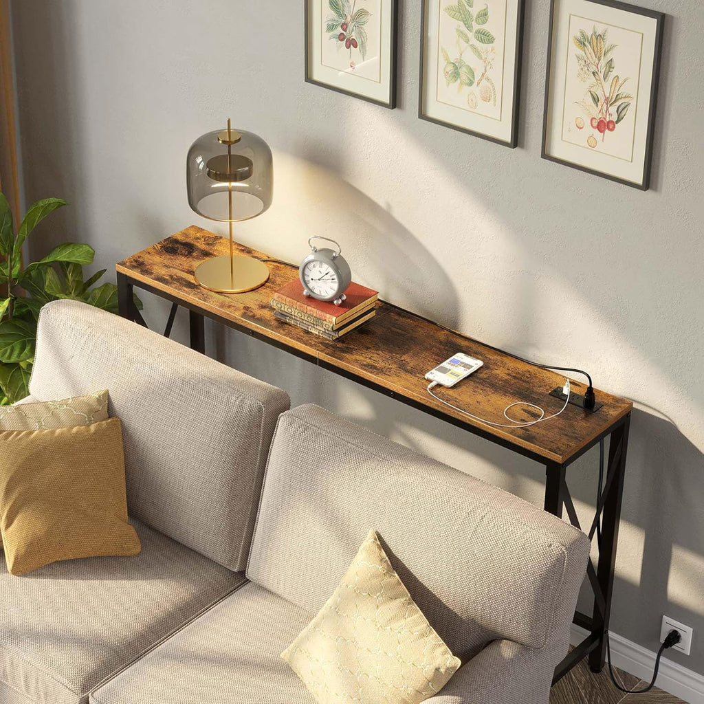 Console Table with Power Outlet, Narrow Sofa Table, 55.1" X 11.8" Farmhouse Table behind Sofa Couch Hallway Entrance for Living Room, Entryway, Foyer, with Metal Frame, Rustic Brown