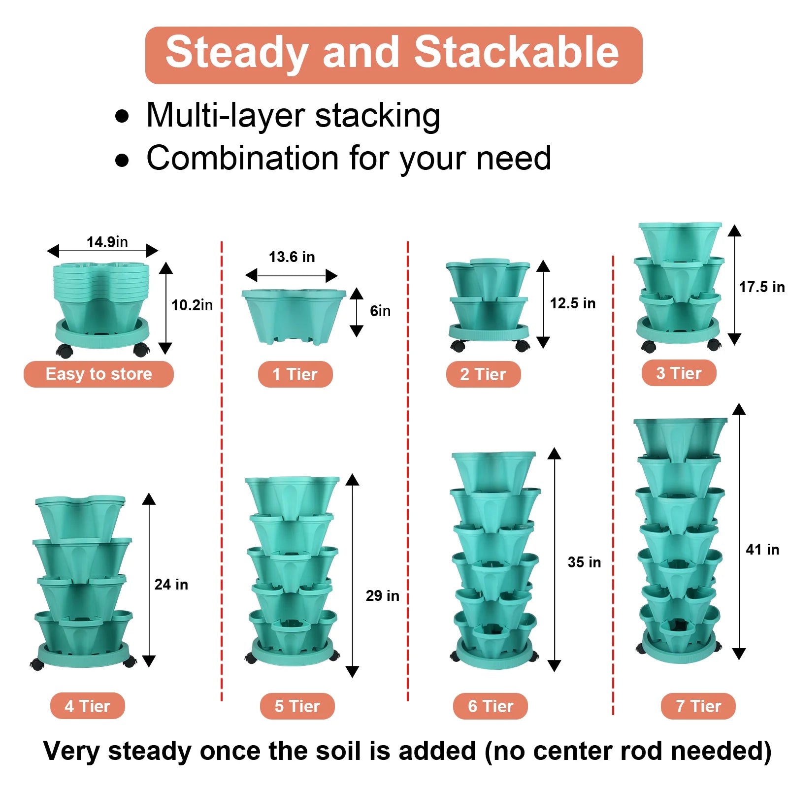 Stackable Planter with Wheels and Tools, Indoor Outdoor Gardening Pots - 7 Tier Vertical Garden Planter - Teal, 2 Set