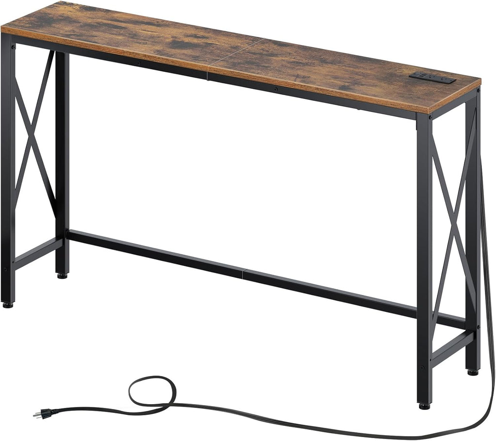 Console Table with Power Outlet, Narrow Sofa Table, 55.1" X 11.8" Farmhouse Table behind Sofa Couch Hallway Entrance for Living Room, Entryway, Foyer, with Metal Frame, Rustic Brown