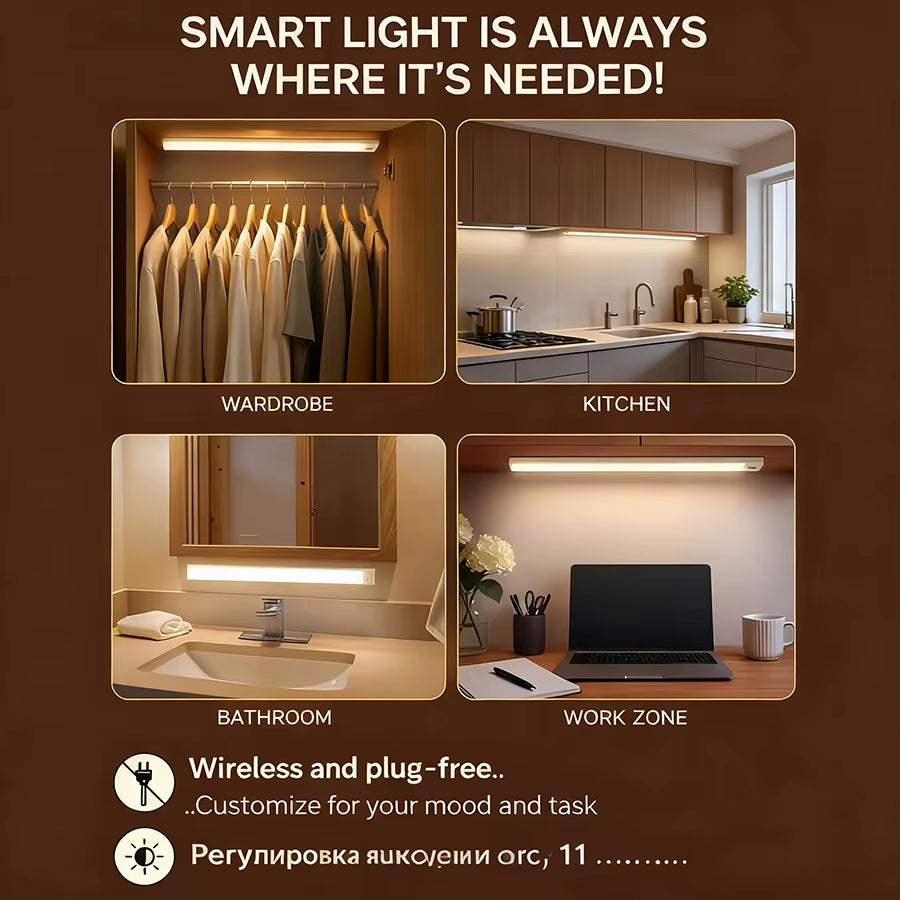 Cabinet Lights Wireless Motion Sensor LED Bar Light Rechargeable Magnetic for Kitchen Closet Night Light Indoor Lighting