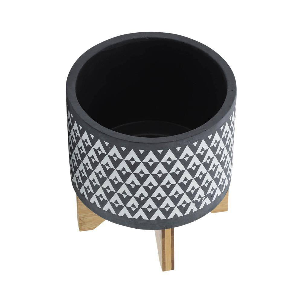 8 In. X 9 In. Gray/White Ceramic Aztec Planter on Wooden Stand