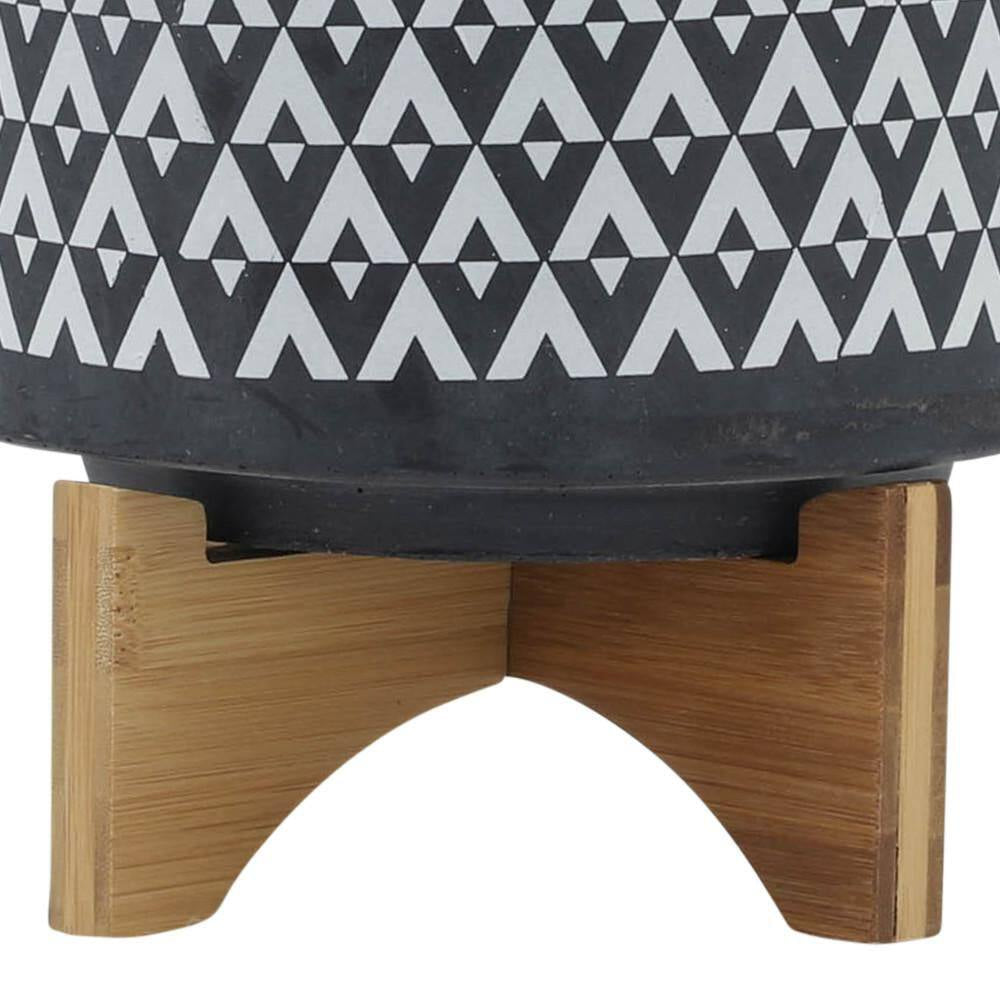8 In. X 9 In. Gray/White Ceramic Aztec Planter on Wooden Stand