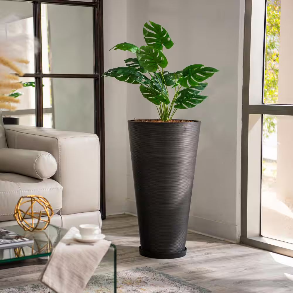 28-Inch Tall Modern round Planter, Tapered Floor Planter for Indoor & Outdoor, Patio Decor, Set of 2, Black