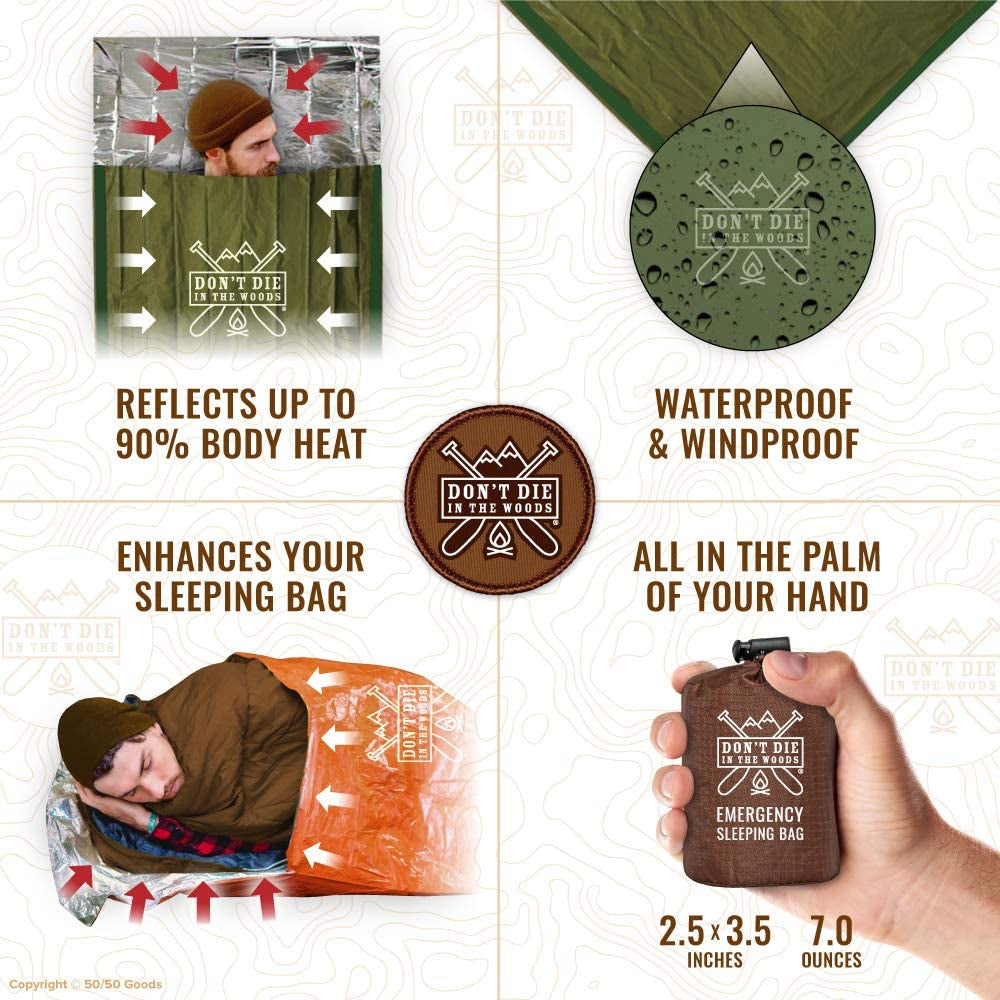 Don’T Die in the Woods - Survival Bivy - Emergency Sleeping Bag with Hood - Made with Extra-Thick Space Blanket Thermal Mylar - One of the 10 Essentials for Hiking, Camping, First Aid Kits