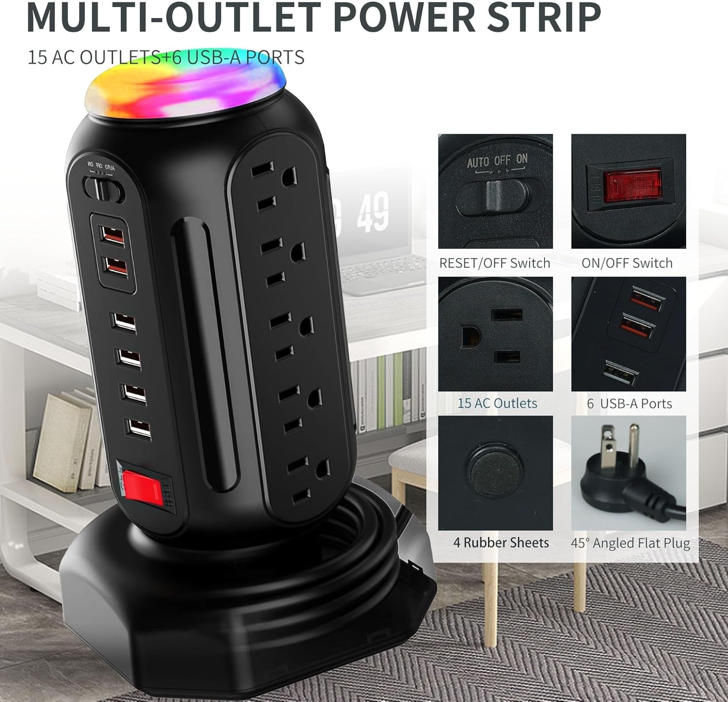 Power Strip Tower with Colorful Nightlight, 15 AC Outlets and 6 Fasting USB Ports, Retractable Extension Cord with Multiple Outlets, 900 J Surge Protector with Right Flat Plug (Black)