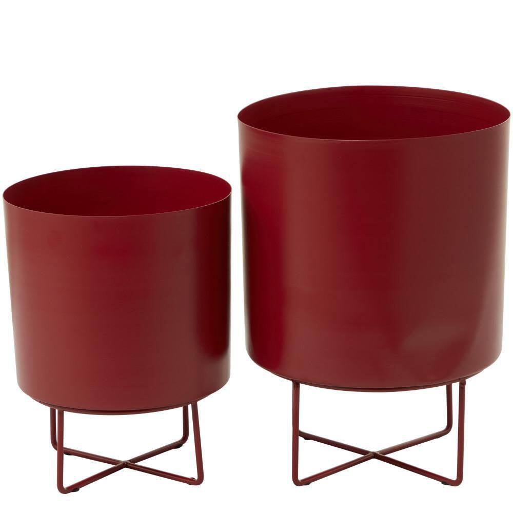 16 In. X 13 In. Red Metal Modern Planter  (Set of 2)