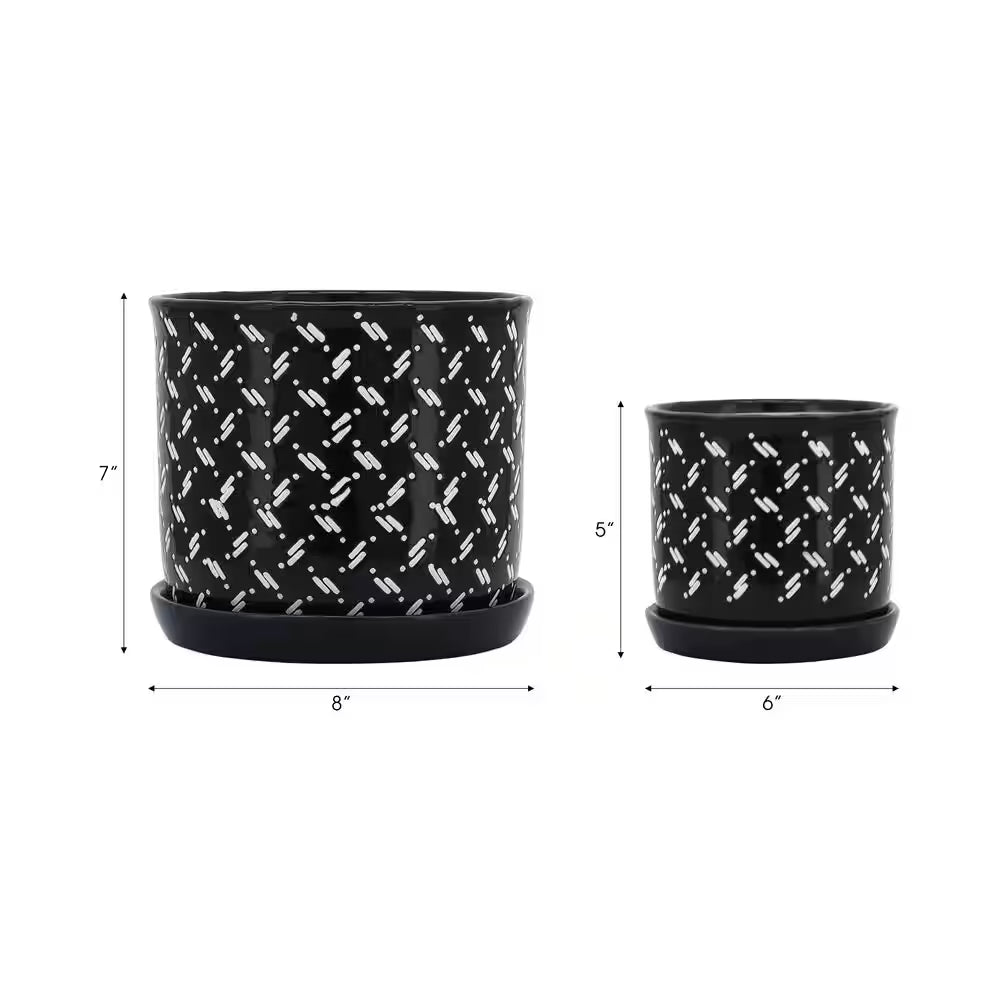 6 In. and 8 In. Black Ceramic Dots Saucer Decorative Pots (Set of 2)