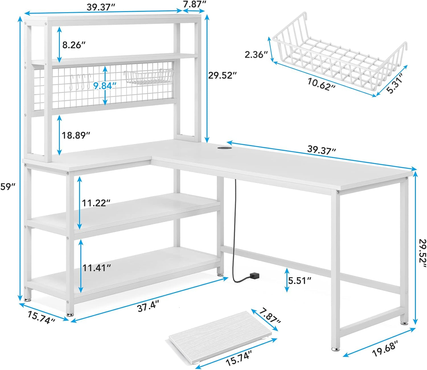 55" Large Computer Desk with Wireless Charging 5 Storage Shelves, Office Desk Study Table Writing Desk Workstation with Hutch Bookshelf for Home Office (All White)